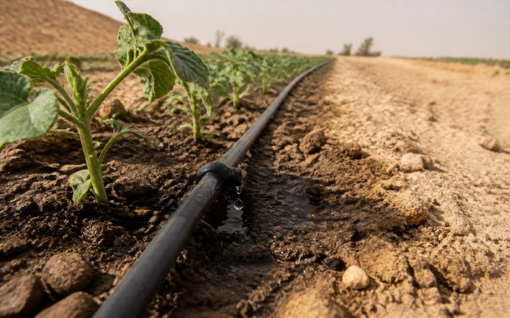 Drip irrigation line watering young plants