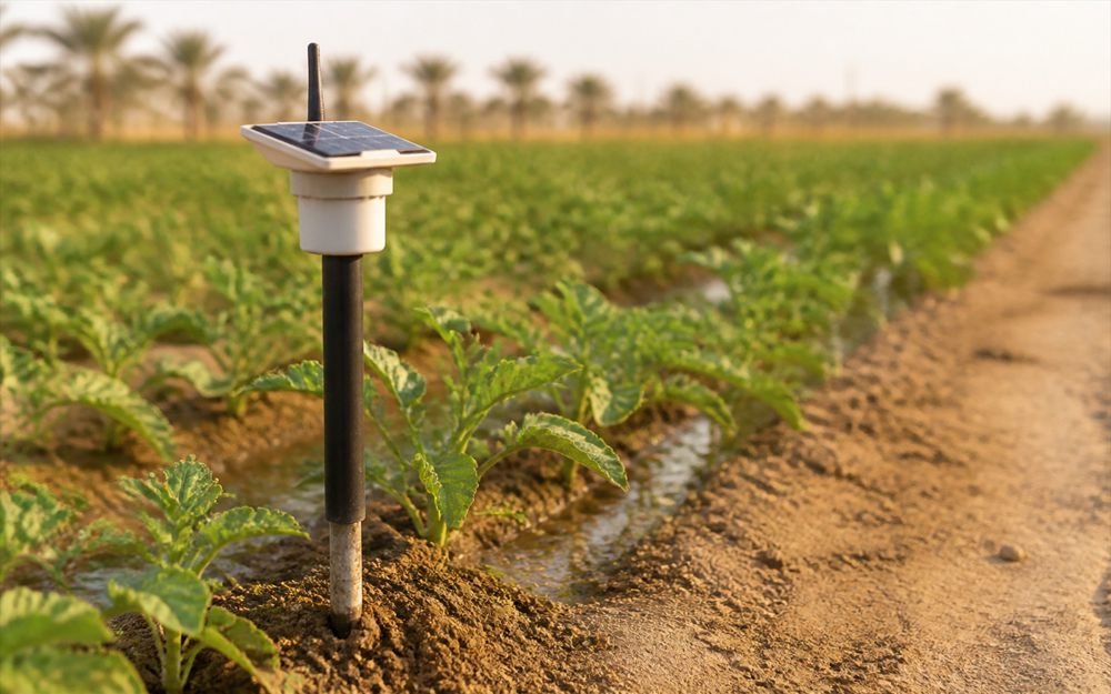 Solar-powered soil moisture sensor among young plants