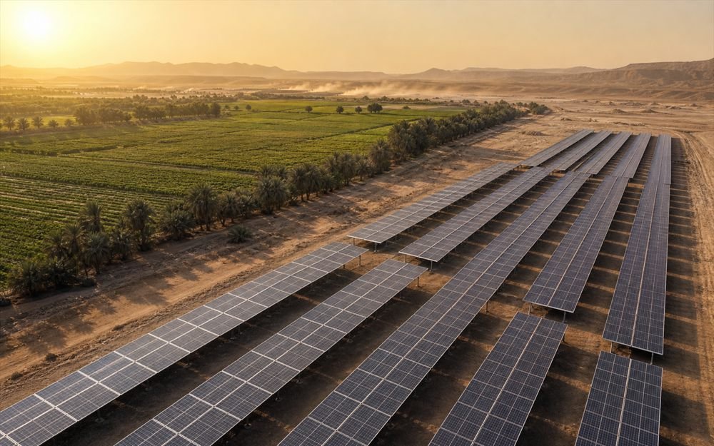 Solar array beside a farm