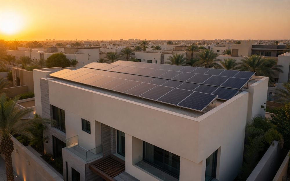 Villa with rooftop solar panels