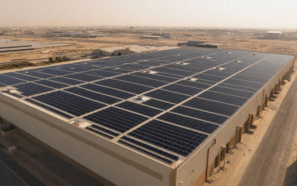 Large warehouse roof covered with solar panels